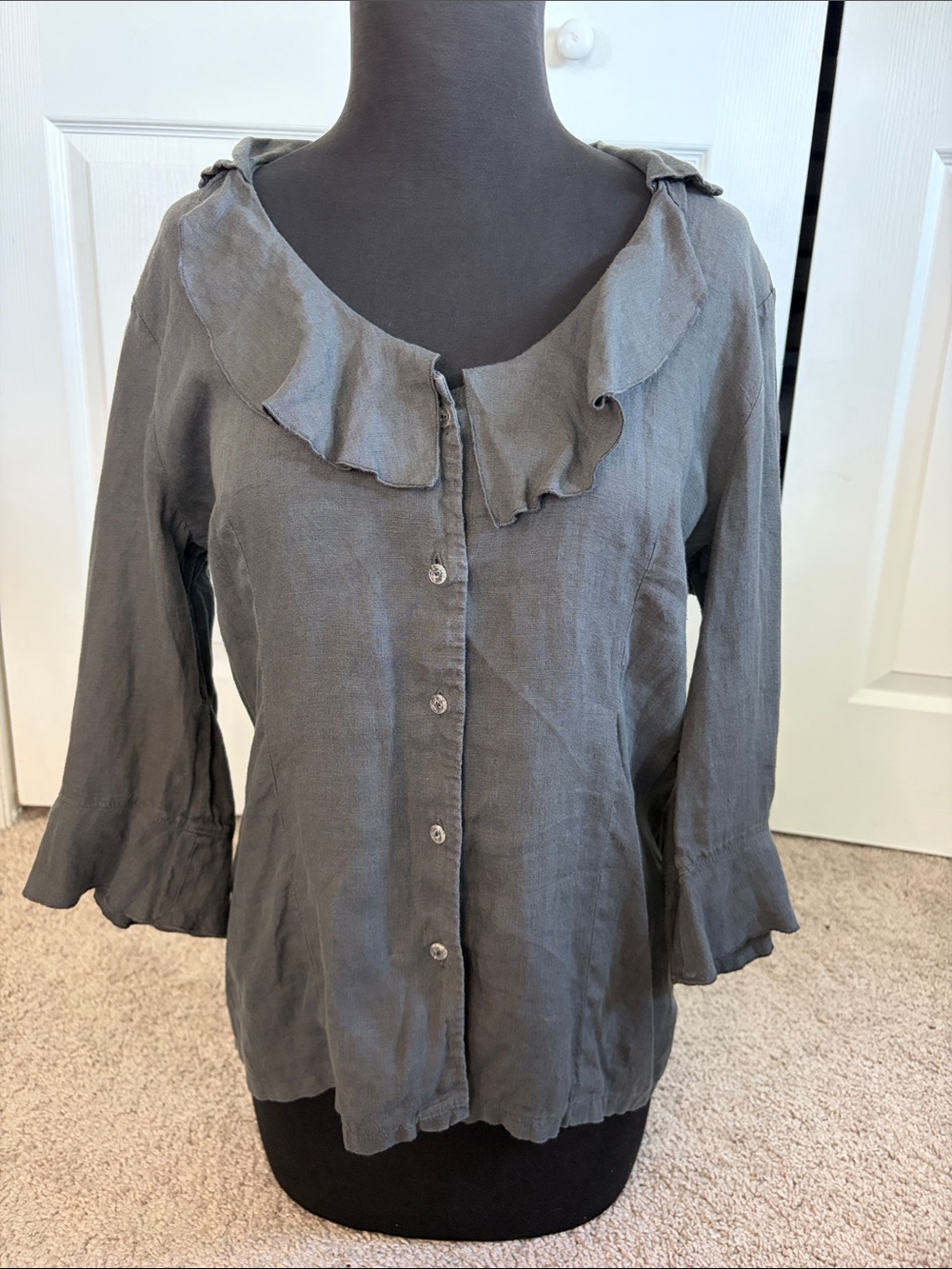 Sugar Gray French Linen Ruffl 3/4 Sleeve Button Up Peasant Top Size 3 US 8/10